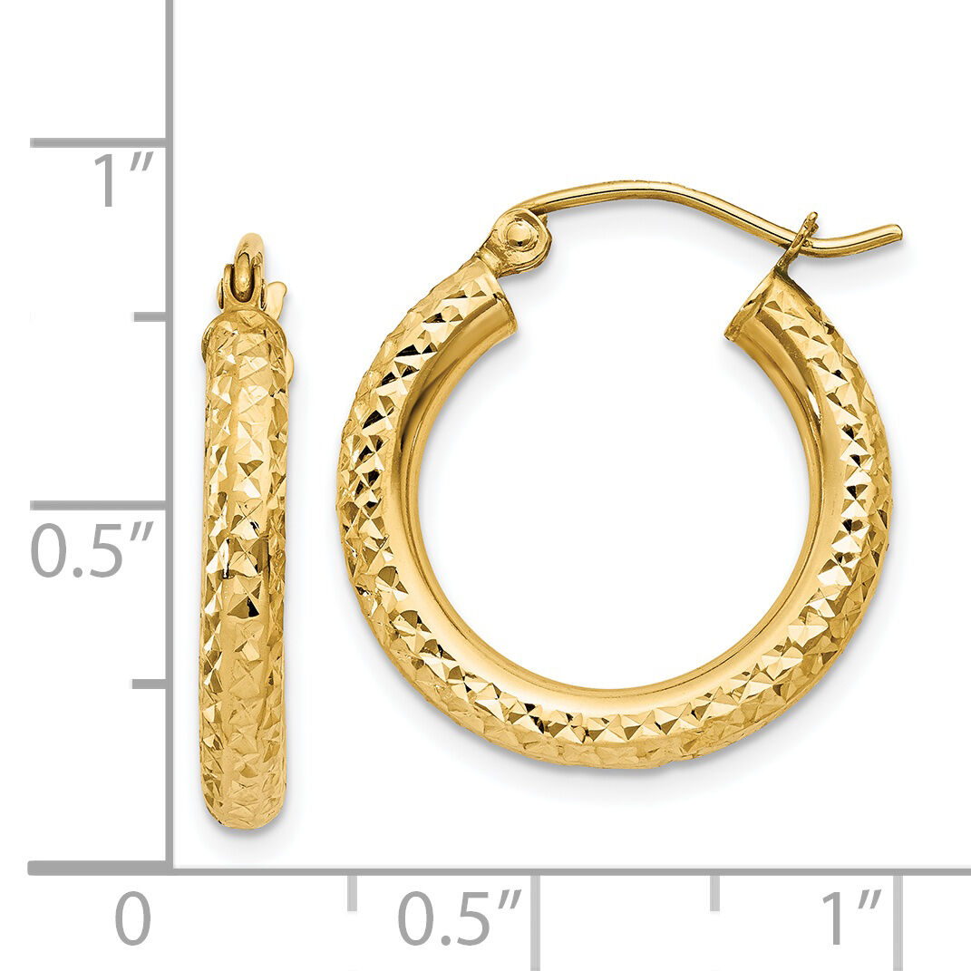 14k Diamond-cut 3mm Round Hoop Earrings-TC266