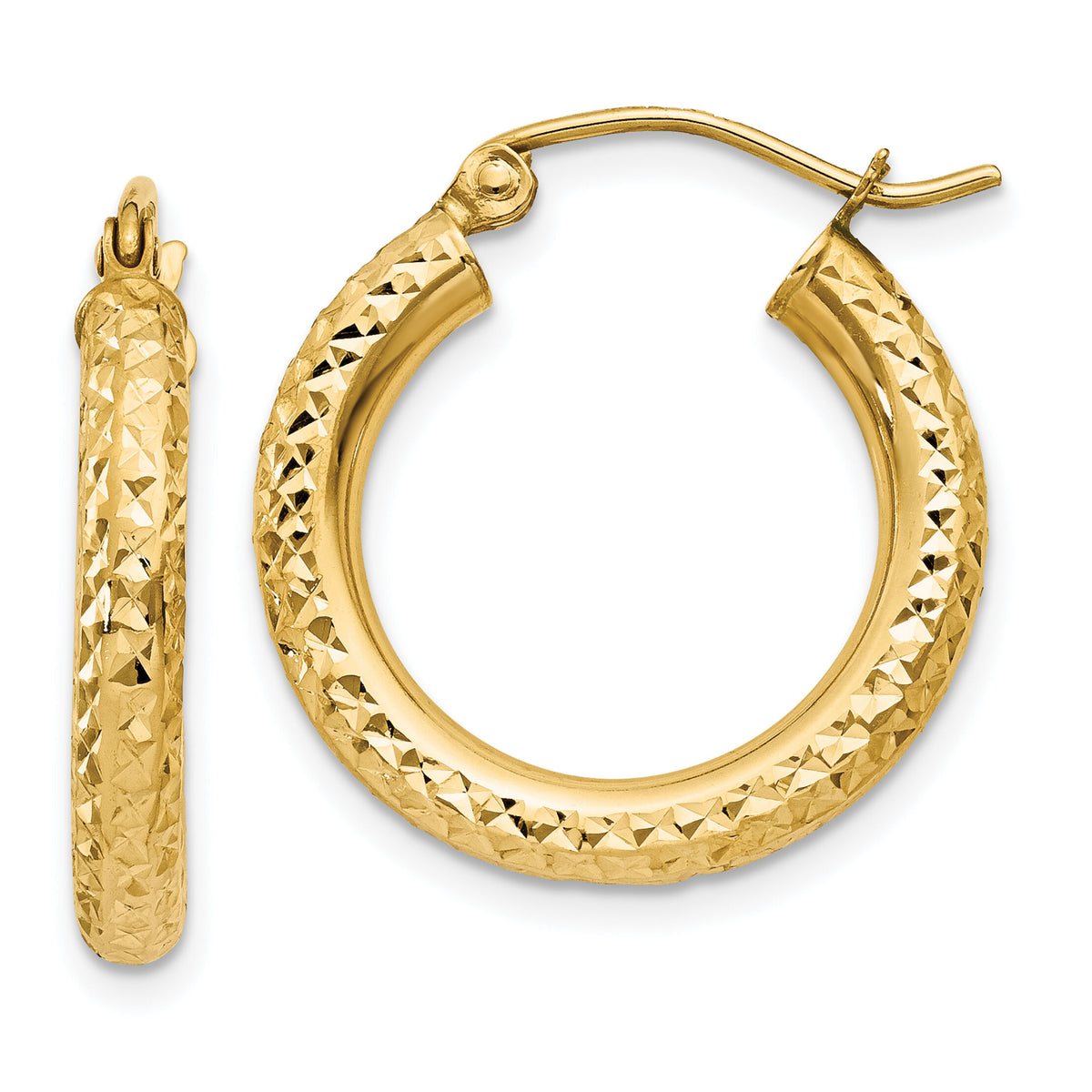 14k Diamond-cut 3mm Round Hoop Earrings-TC266