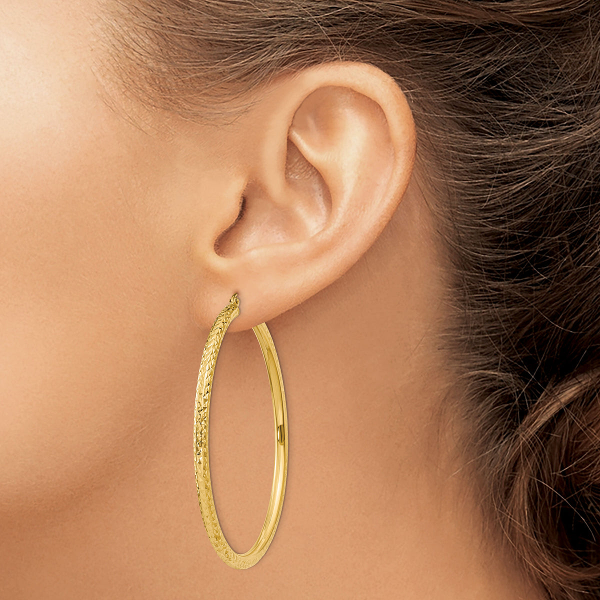 14k Diamond-cut 3mm Round Hoop Earrings-TC272