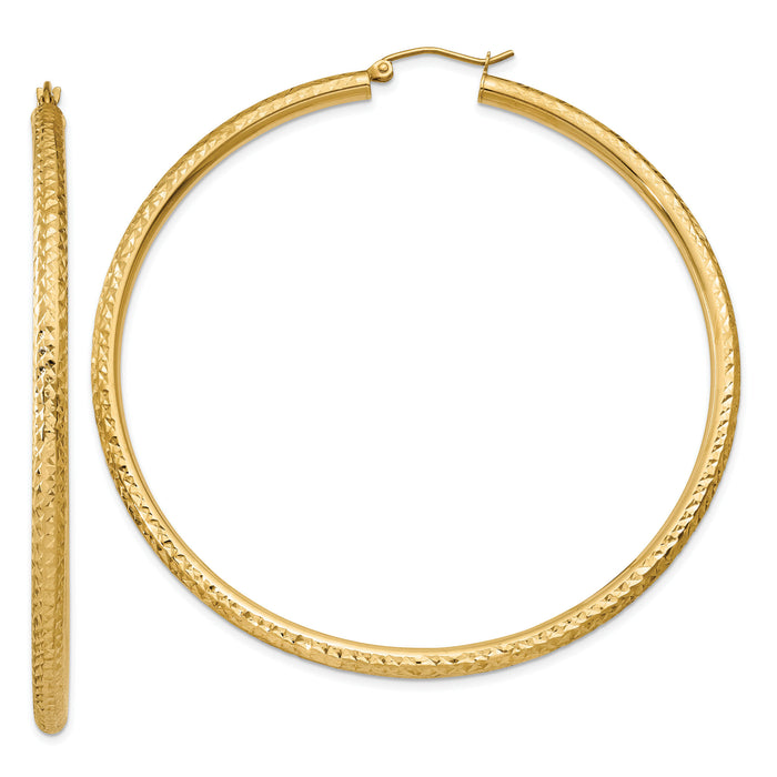 14k Diamond-cut 3mm Round Hoop Earrings-TC274