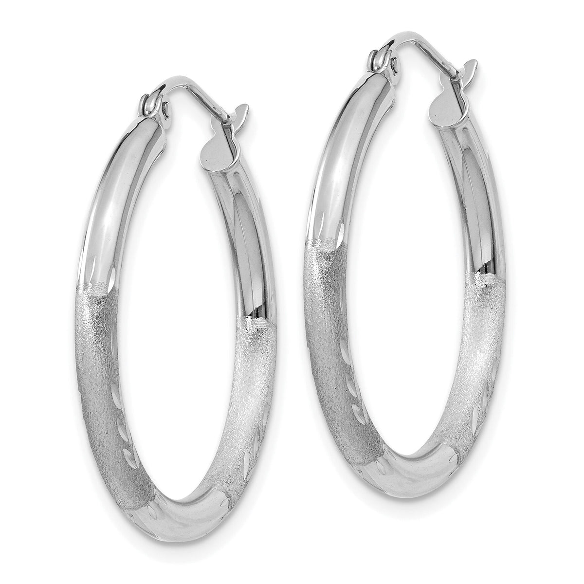 14k White Gold Satin and Diamond-cut 3mm Round Hoop Earrings-TC277