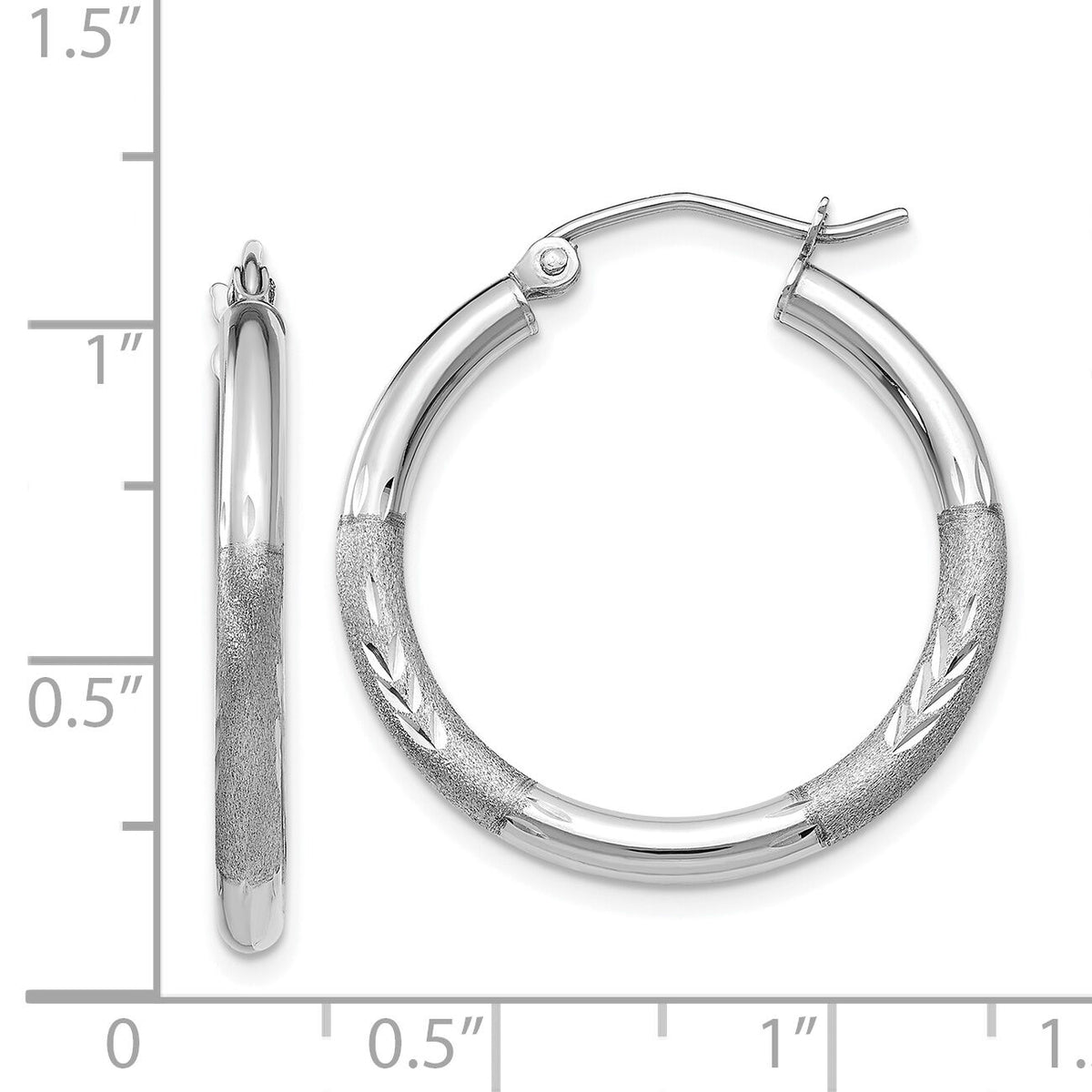 14k White Gold Satin and Diamond-cut 3mm Round Hoop Earrings-TC277