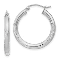 14k White Gold Satin and Diamond-cut 3mm Round Hoop Earrings-TC277