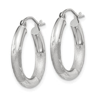 14k White Gold Satin and Diamond-cut 3mm Round Hoop Earrings-TC278