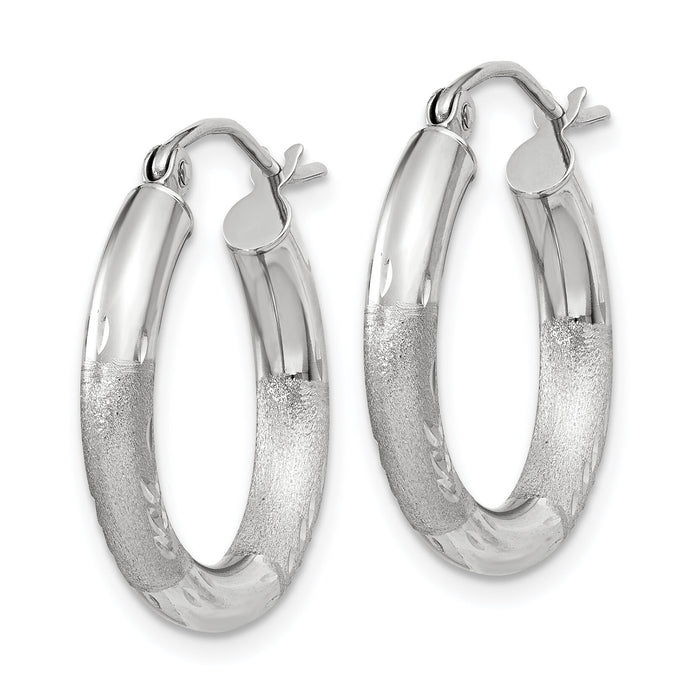14k White Gold Satin and Diamond-cut 3mm Round Hoop Earrings-TC278