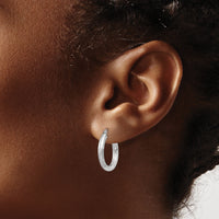 14k White Gold Satin and Diamond-cut 3mm Round Hoop Earrings-TC278