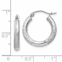 14k White Gold Satin and Diamond-cut 3mm Round Hoop Earrings-TC278
