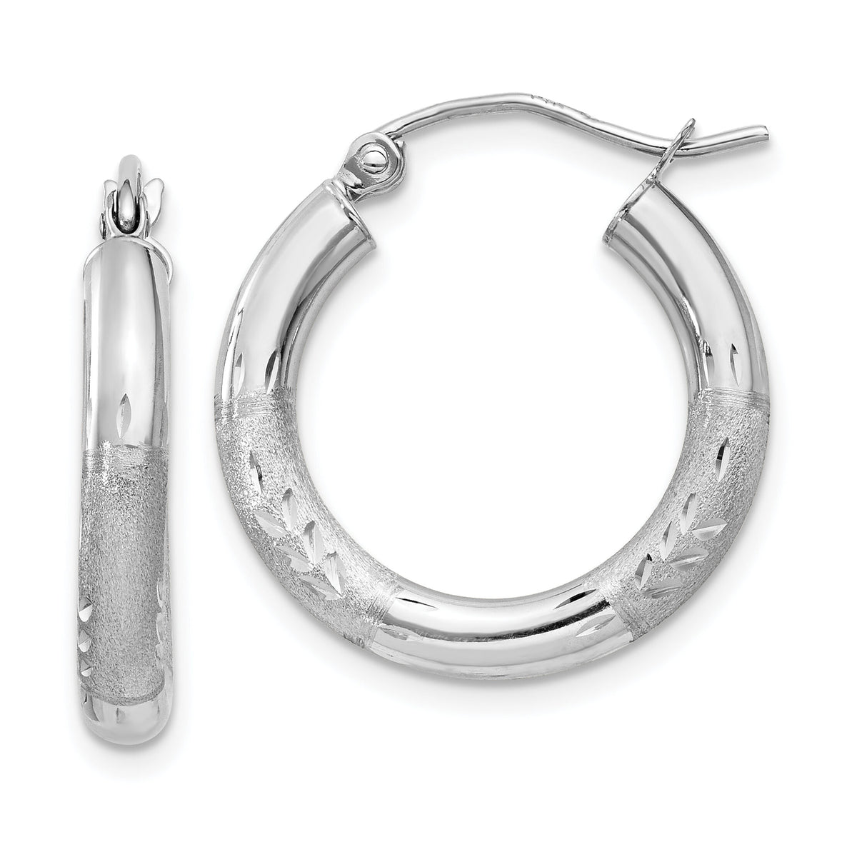 14k White Gold Satin and Diamond-cut 3mm Round Hoop Earrings-TC278