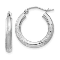14k White Gold Satin and Diamond-cut 3mm Round Hoop Earrings-TC278