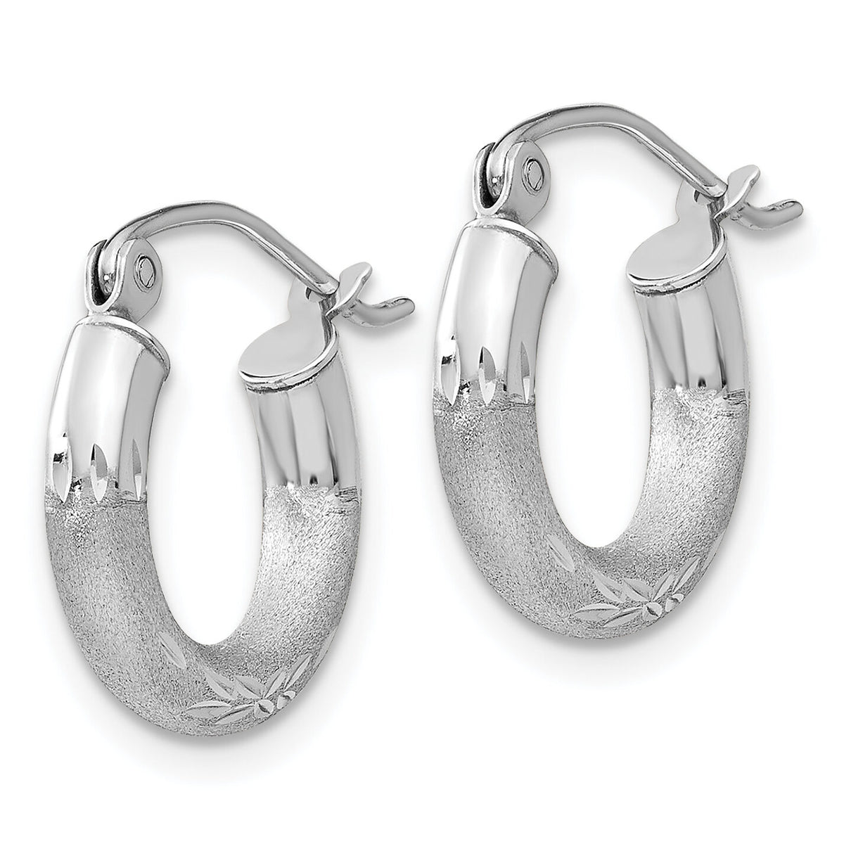 14k White Gold Satin and Diamond-cut 3mm Round Hoop Earrings-TC280