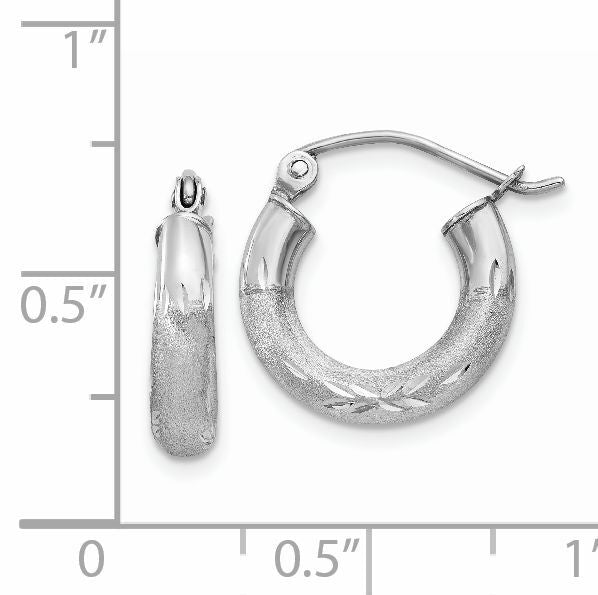 14k White Gold Satin and Diamond-cut 3mm Round Hoop Earrings-TC280