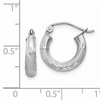 14k White Gold Satin and Diamond-cut 3mm Round Hoop Earrings-TC280
