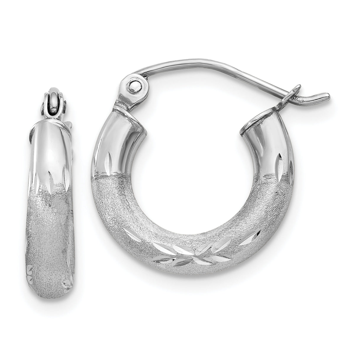 14k White Gold Satin and Diamond-cut 3mm Round Hoop Earrings-TC280