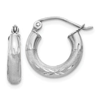 14k White Gold Satin and Diamond-cut 3mm Round Hoop Earrings-TC280