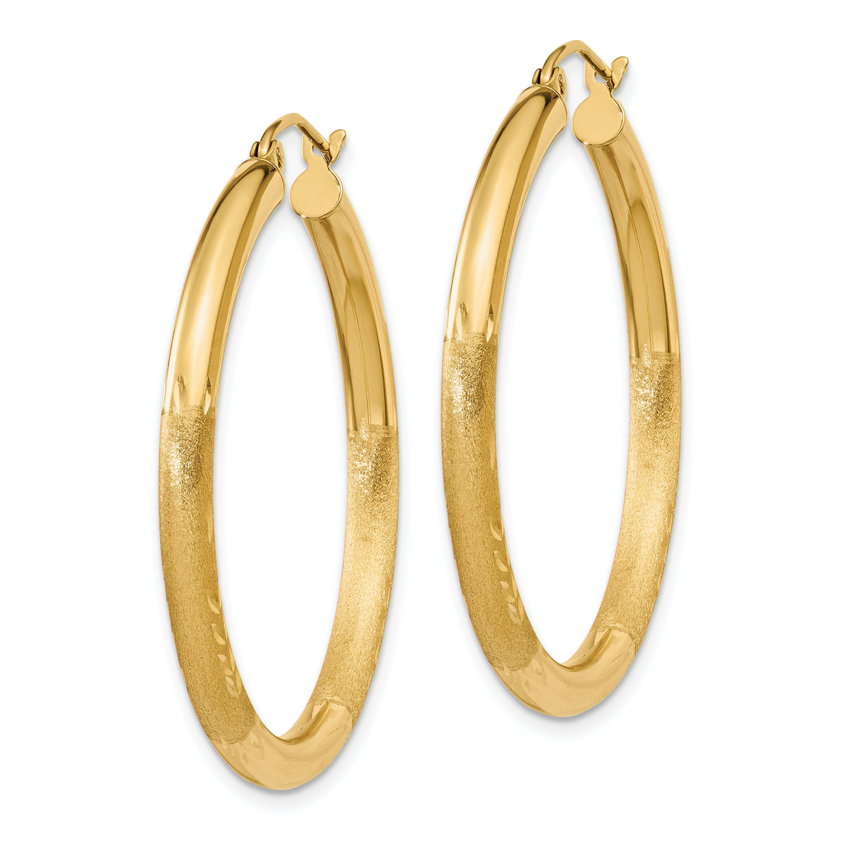 14k Satin and Diamond-cut 3mm Round Hoop Earrings-TC287