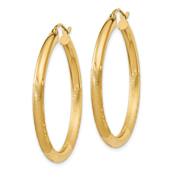 14k Satin and Diamond-cut 3mm Round Hoop Earrings-TC287