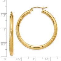 14k Satin and Diamond-cut 3mm Round Hoop Earrings-TC287