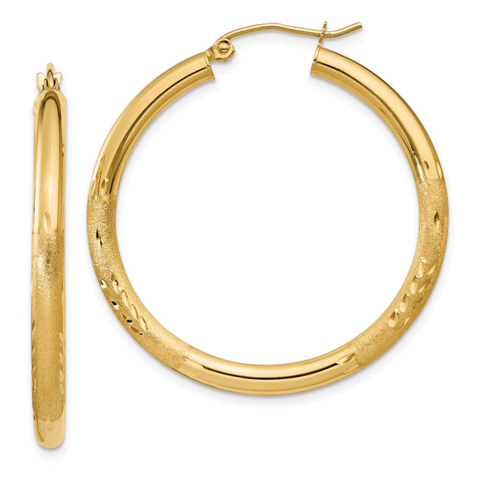 14k Satin and Diamond-cut 3mm Round Hoop Earrings-TC287