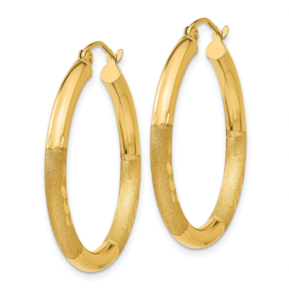 14k Satin and Diamond-cut 3mm Round Hoop Earrings-TC288