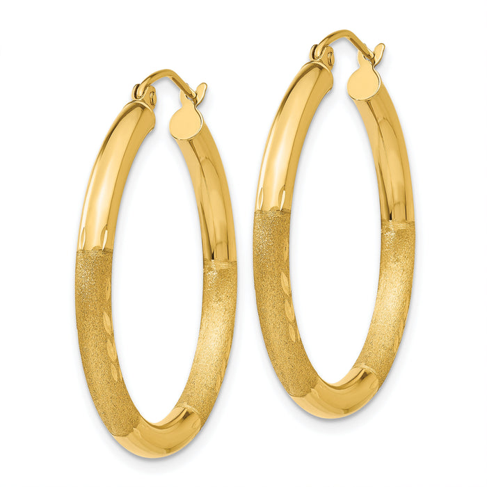 14k Satin and Diamond-cut 3mm Round Hoop Earrings-TC288