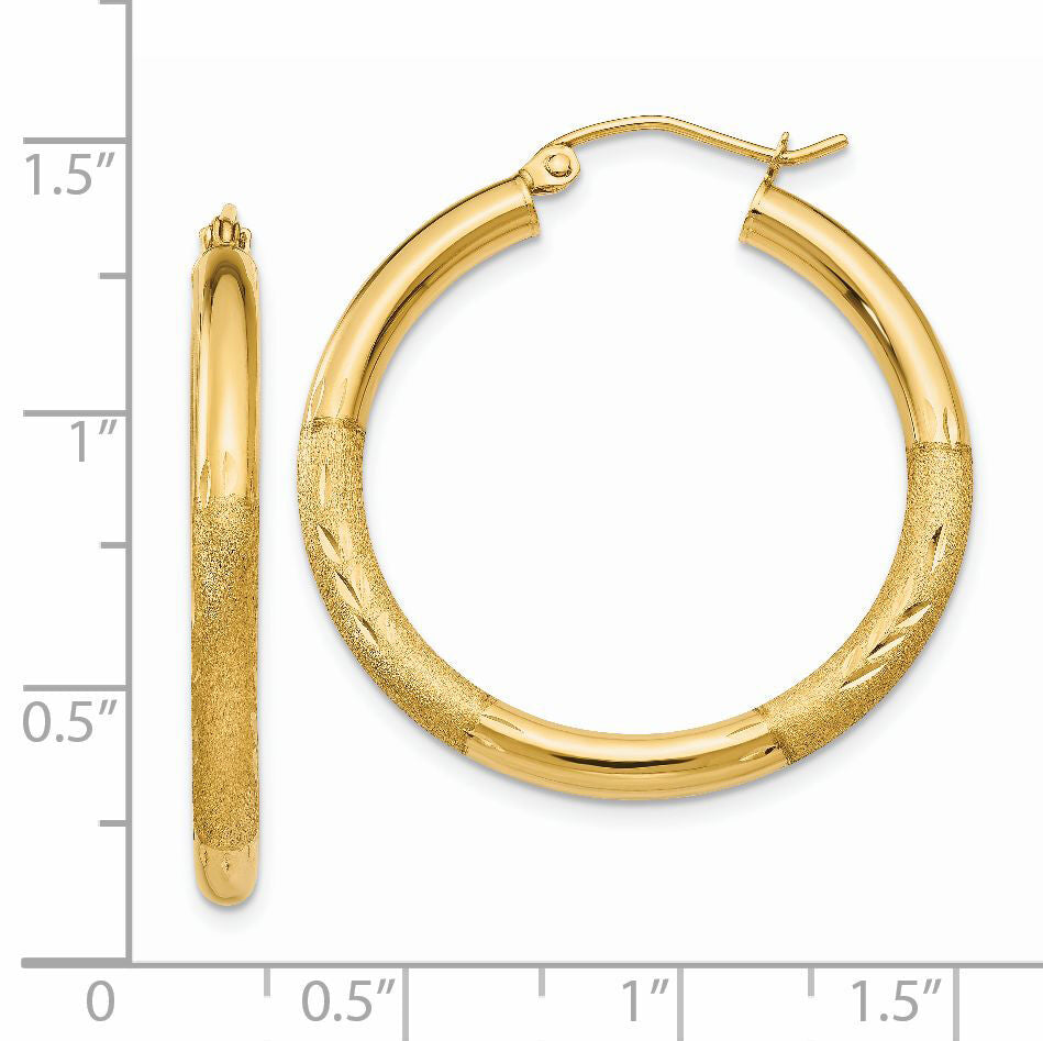 14k Satin and Diamond-cut 3mm Round Hoop Earrings-TC288