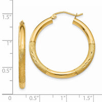 14k Satin and Diamond-cut 3mm Round Hoop Earrings-TC288