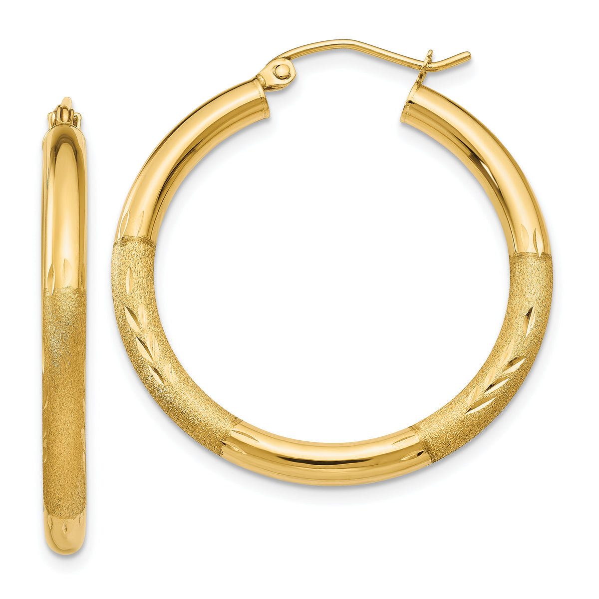 14k Satin and Diamond-cut 3mm Round Hoop Earrings-TC288