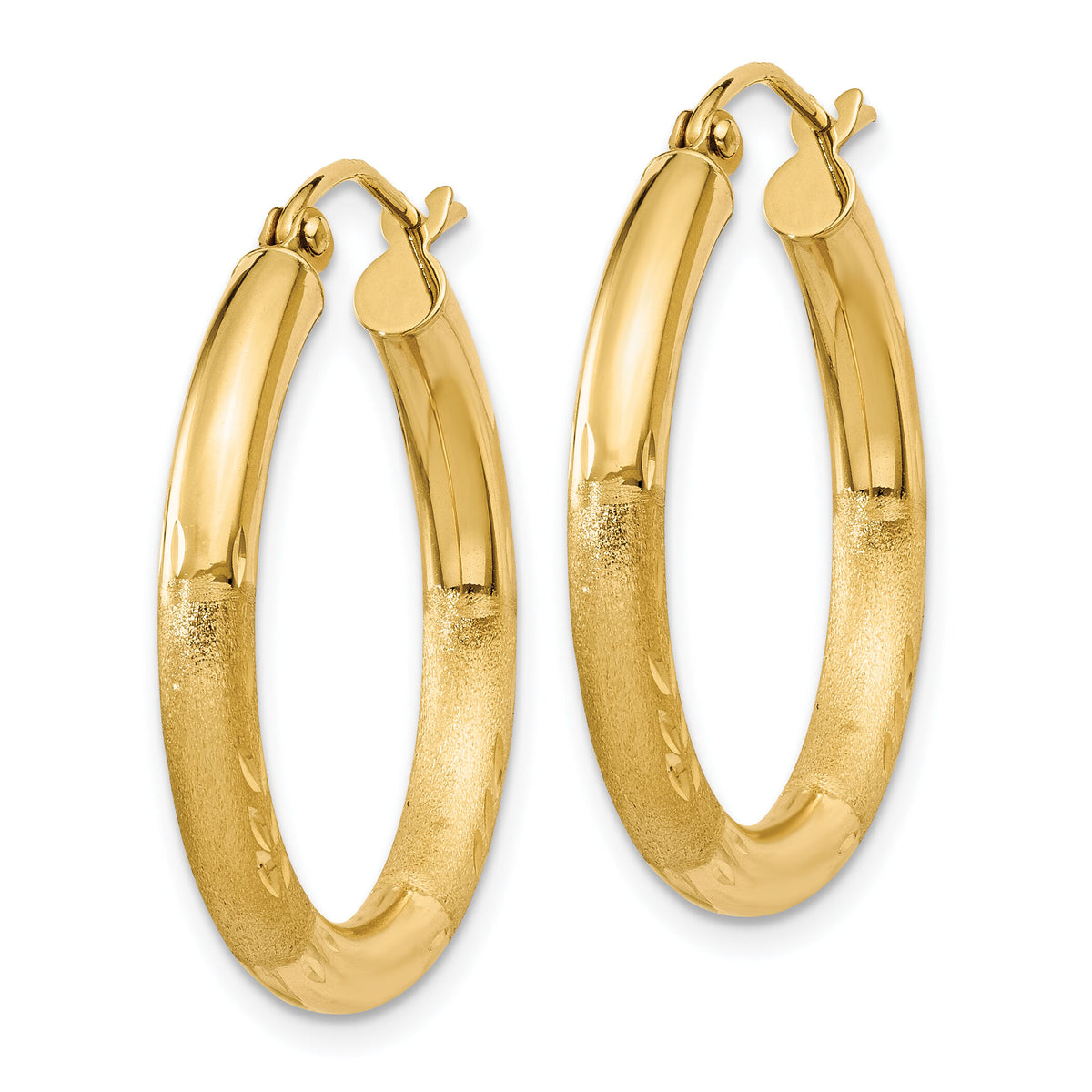 14k Satin and Diamond-cut 3mm Round Hoop Earrings-TC289