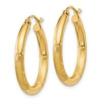 14k Satin and Diamond-cut 3mm Round Hoop Earrings-TC289