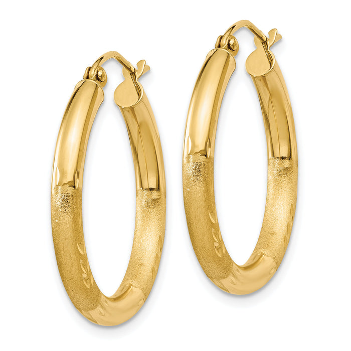 14k Satin and Diamond-cut 3mm Round Hoop Earrings-TC289