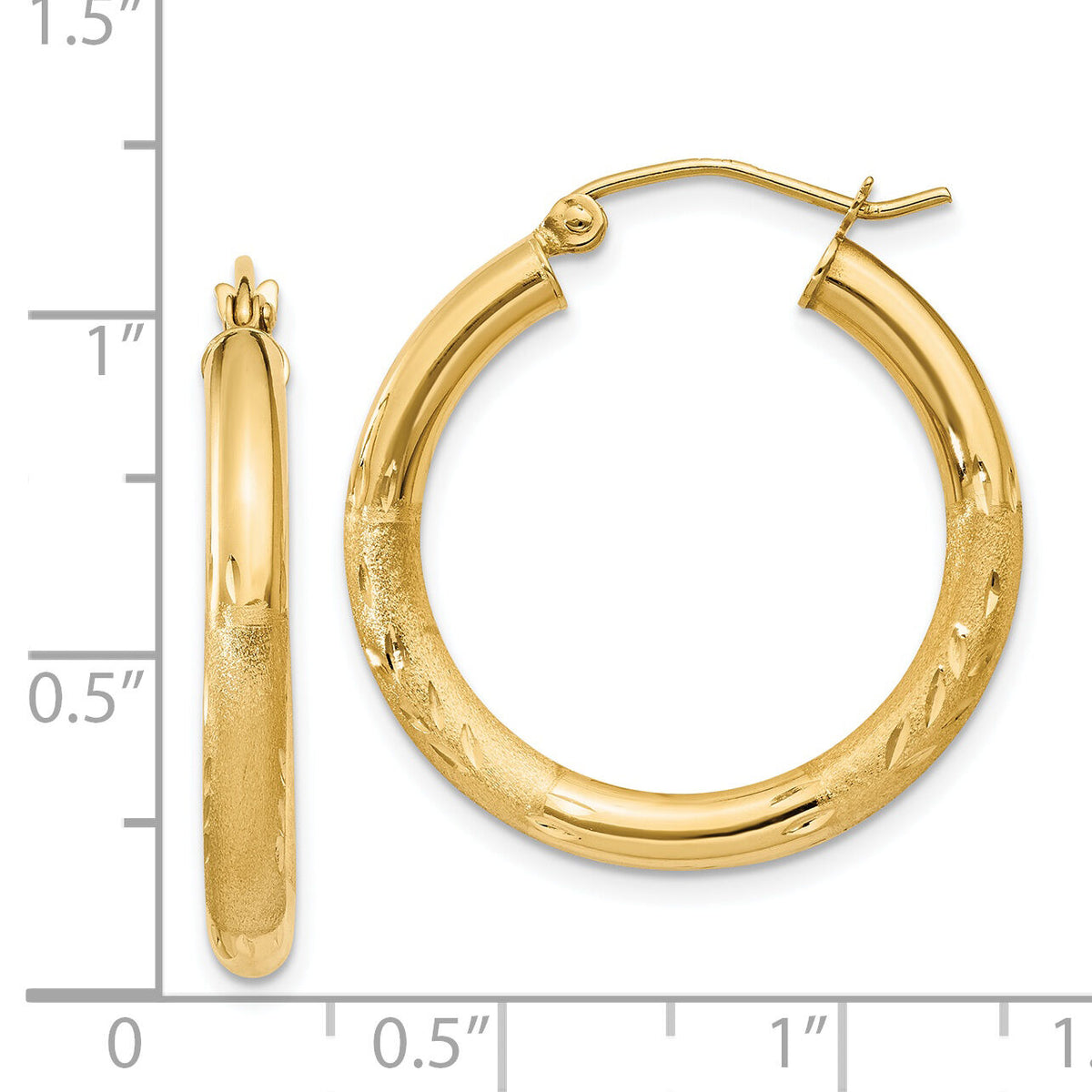14k Satin and Diamond-cut 3mm Round Hoop Earrings-TC289