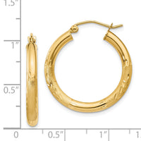 14k Satin and Diamond-cut 3mm Round Hoop Earrings-TC289