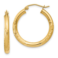 14k Satin and Diamond-cut 3mm Round Hoop Earrings-TC289