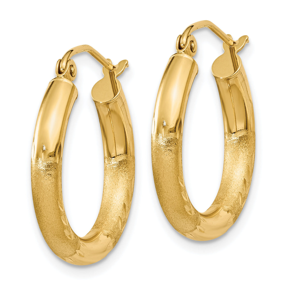 14k Satin and Diamond-cut 3mm Round Hoop Earrings-TC290