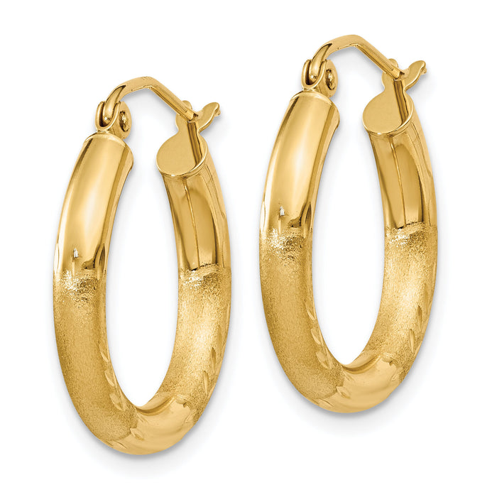 14k Satin and Diamond-cut 3mm Round Hoop Earrings-TC290