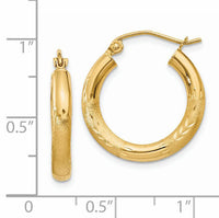 14k Satin and Diamond-cut 3mm Round Hoop Earrings-TC290