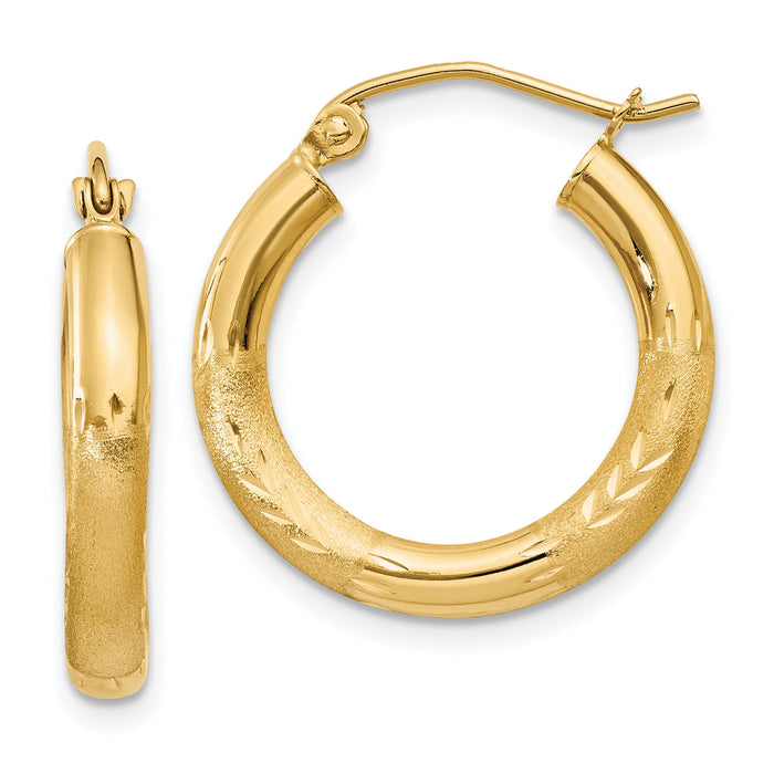 14k Satin and Diamond-cut 3mm Round Hoop Earrings-TC290