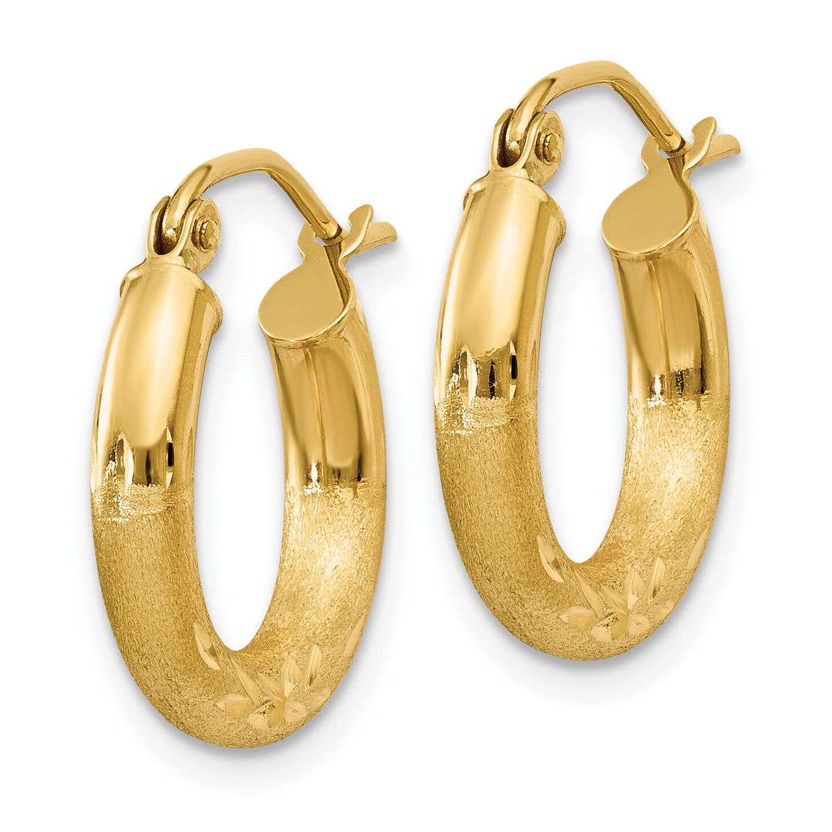 14k Satin and Diamond-cut 3mm Round Hoop Earrings-TC291