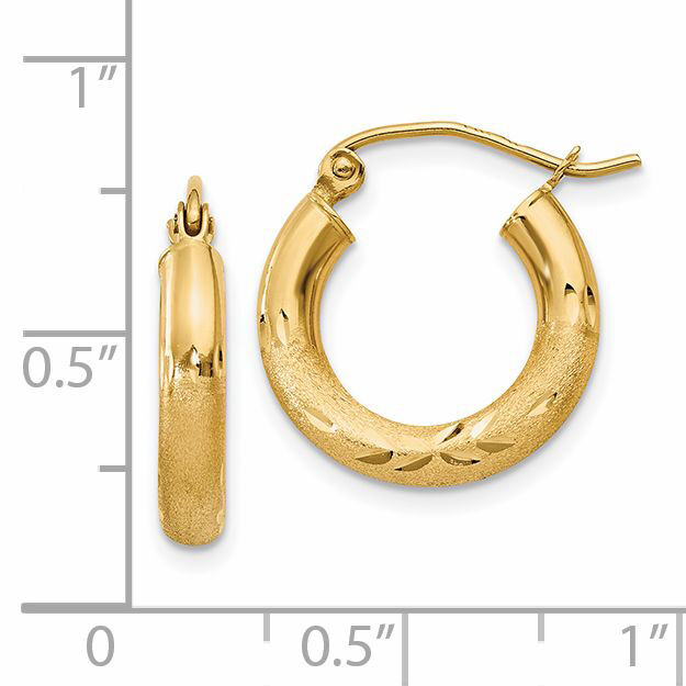 14k Satin and Diamond-cut 3mm Round Hoop Earrings-TC291