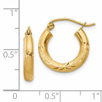 14k Satin and Diamond-cut 3mm Round Hoop Earrings-TC291