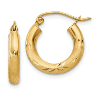 14k Satin and Diamond-cut 3mm Round Hoop Earrings-TC291