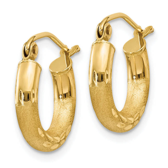 14k Satin and Diamond-cut 3mm Round Hoop Earrings-TC292
