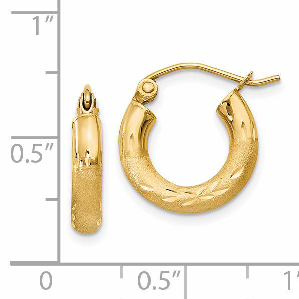 14k Satin and Diamond-cut 3mm Round Hoop Earrings-TC292