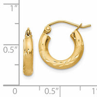 14k Satin and Diamond-cut 3mm Round Hoop Earrings-TC292