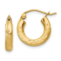 14k Satin and Diamond-cut 3mm Round Hoop Earrings-TC292