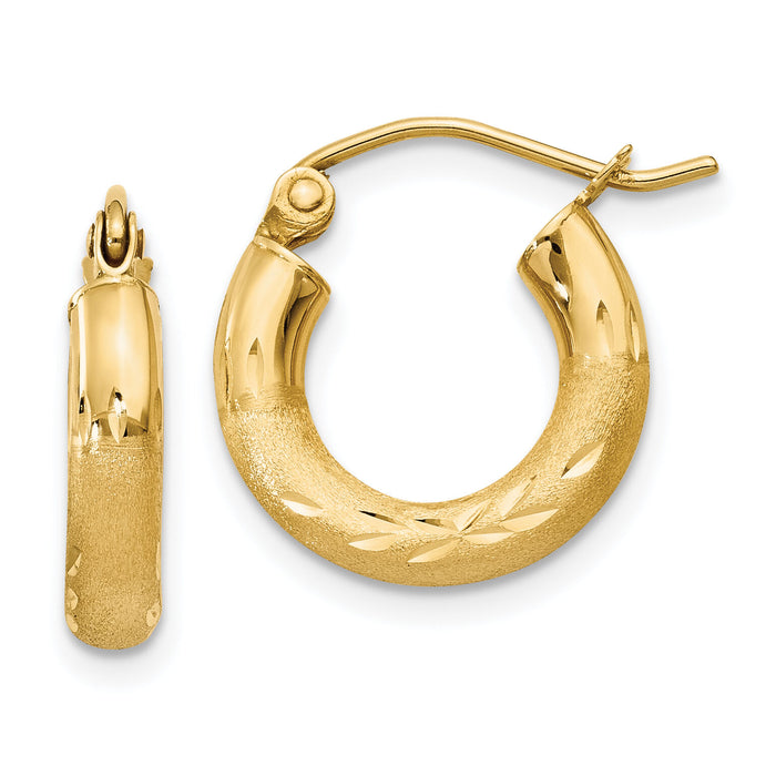 14k Satin and Diamond-cut 3mm Round Hoop Earrings-TC292