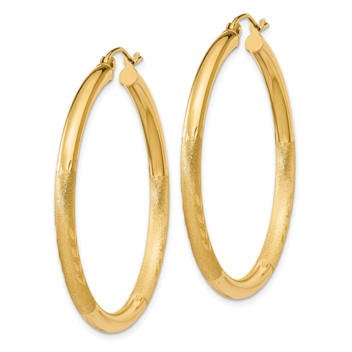 14k Satin and Diamond-cut 3mm Round Hoop Earrings-TC293