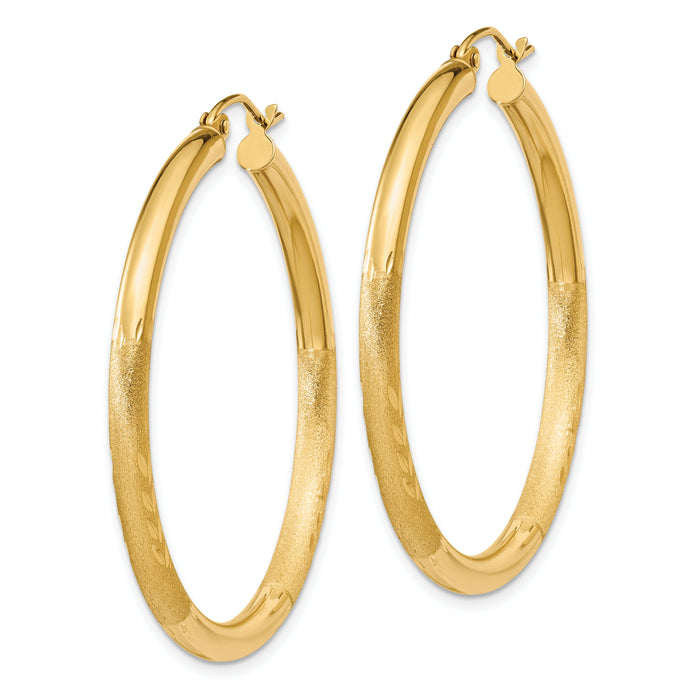 14k Satin and Diamond-cut 3mm Round Hoop Earrings-TC293