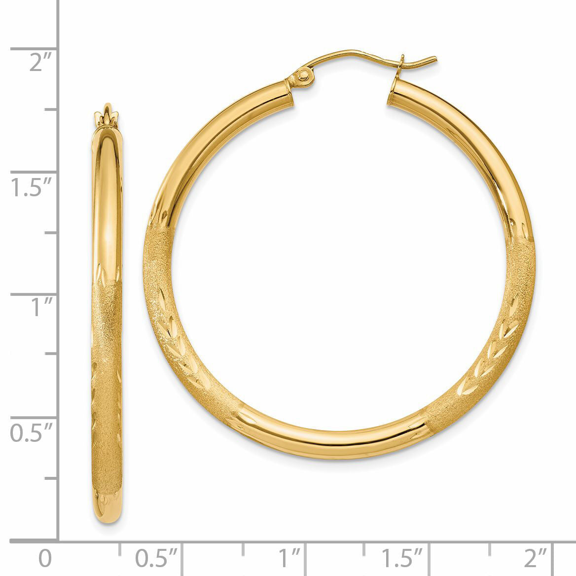 14k Satin and Diamond-cut 3mm Round Hoop Earrings-TC293