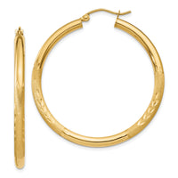 14k Satin and Diamond-cut 3mm Round Hoop Earrings-TC293